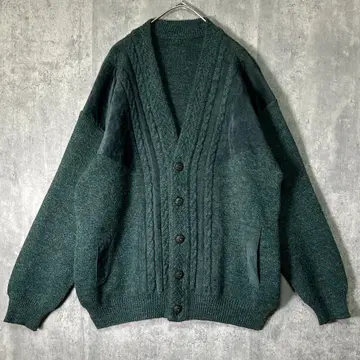 벨로아 절개 니트 가디건 그린 인조 가죽 새상품급