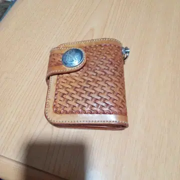 케이시즈 브라운 가죽 뜨개질 이단 접이식 라이더스 지갑