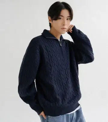 한국 집업 니트 네이비