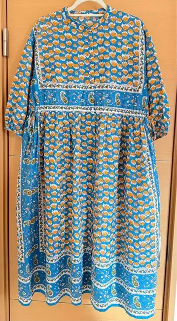 인도 면 혼방 패널 무늬 맥시 8분 소매 원피스 크라프트