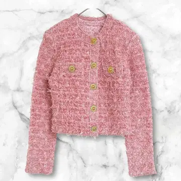 프린지 디자인 핑크 노카라 자켓 겉옷 울 혼방 M 얇은 소재