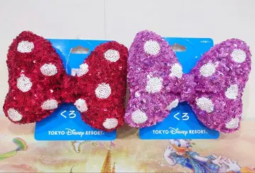 미니 머리끈 스팽글 핑크 빨간색 디즈니 리본 헤어포니 2개