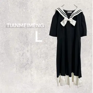 세일러 카라 티셔츠 원피스 반팔 플레어 프릴 리본 롱 기장 L