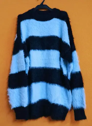 로큰롤 펑크 빅 사이즈 아쿠아 x 블랙 보더 퍼 니트 스웨터