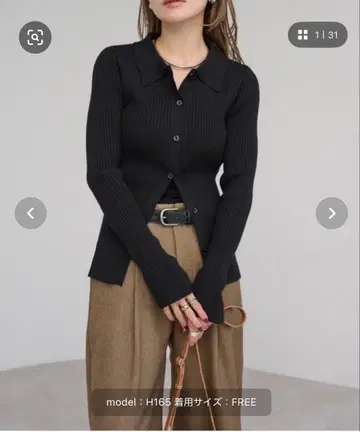 카라 부착 플레어 슬리브 리브 니트