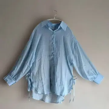 1점 한정 새상품 스카이블루 시스루 긴팔 셔츠 사이드 리본 포함