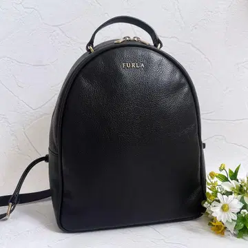 FURLA 블랙 가죽 럭색 로고 주름 가죽 골드 금장 장식 메쉬