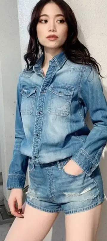 제이다 데님 올인원 긴팔 데미지 가공