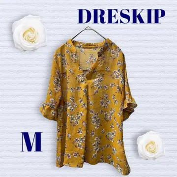 드레스킵 블라우스 V넥 올 패턴 오렌지 M 사이즈 반팔 체형 커버