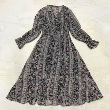 올 패턴 롱 원피스 긴팔 V넥 비침 있음 허리밴딩 꽃무늬 M