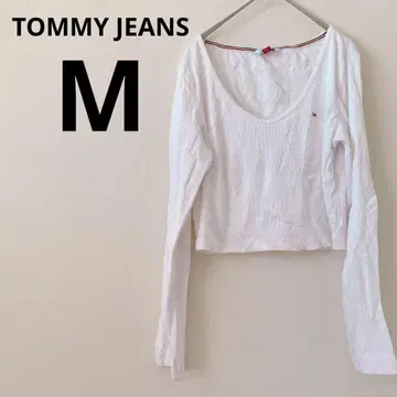 TOMMY JEANS [ M ] 여성용 화이트 긴팔 V넥 T셔츠