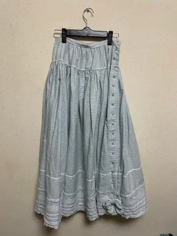 PINK HOUSE 스카이블루 깅엄 체크 플레어 스커트 리본 포함