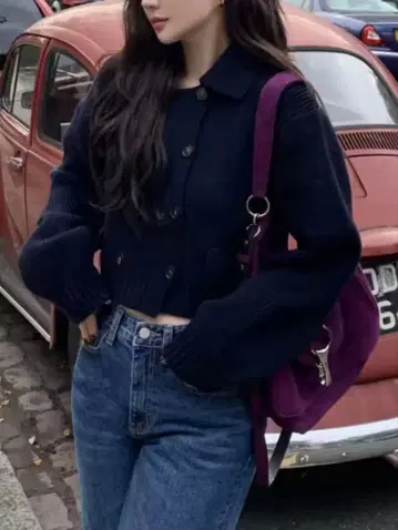 미사용 새상품 더블 버튼 니트 네이비 M 카라 부착 스웨터