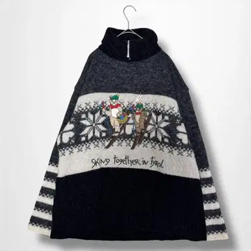 하프 지퍼 스키 니트 스웨터 자수 블랙