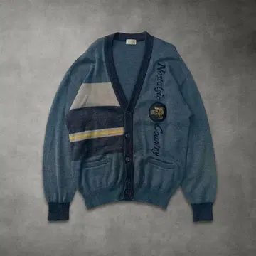 빈티지 블루 가디건 M 자수 와펜 울 혼방 구제 의류