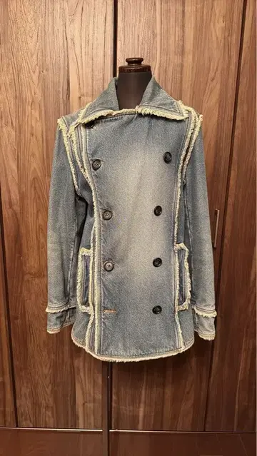 프린지 장식 더블 브레스트 데님 코트