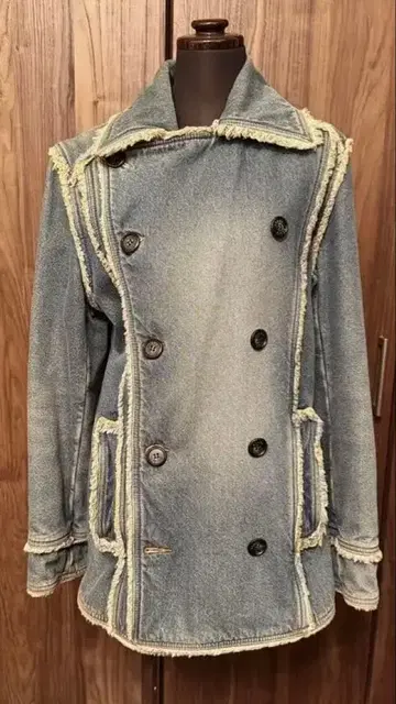 프린지 장식 더블 브레스트 데님 코트