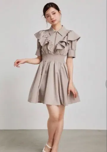 rienda 프론트 지퍼 하프 슬리브 셔츠 미니 원피스