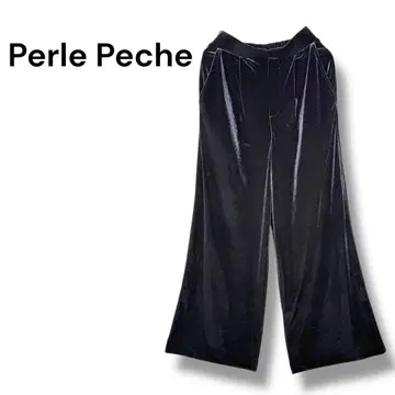 펄르페슈 벨로아 느낌 와이드 팬츠 블랙 일본제 허리 밴딩 광택감