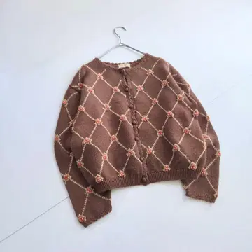 아가일 무늬 꽃 자수 가디건 브라운 빈티지 니트 C1