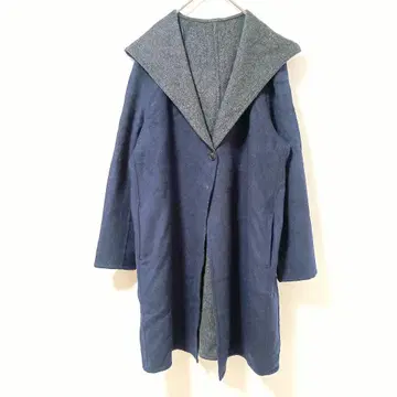 유니클로 네이비 후드 부착 롱 코트 울 혼방 캐주얼 스타일