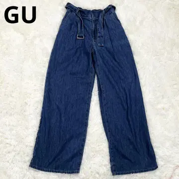 [ GU ] 데님 와이드 팬츠 M 허리 리본 깔끔한