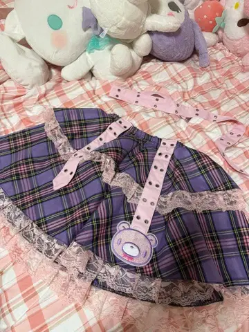 하라주쿠풍 Gloomy 퍼플 체크 무늬 미니 스커트