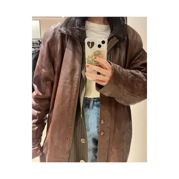 천연 가죽 브라운 가죽 롱 코트 빈티지