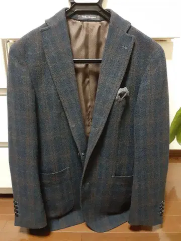 TAKA-Q 비즈니스 자켓 울 네이비 계열 체크 무늬 새상품급