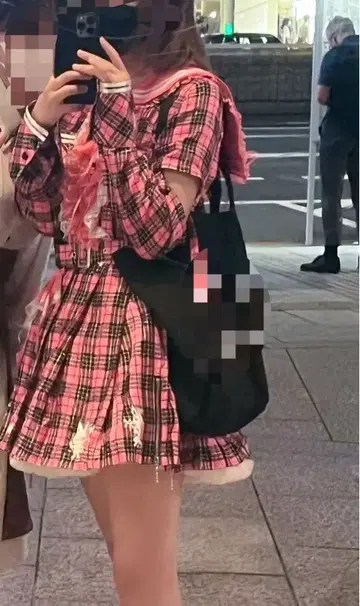 하라주쿠풍 핑크 체크 세일러 카라 셋업 원피스