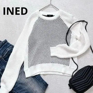 W38 INED 화이트 미들 게이지 니트 스웨터 9호 코튼 혼방