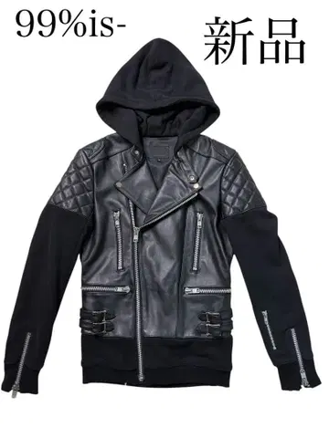 99%IS- 후드 부착 소가죽 라이더스 더블 자켓 S 사이즈