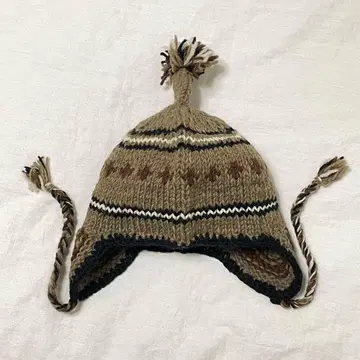 네팔 네이티브 무늬 귀마개 니트 모자 폼폼 포함