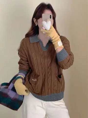 브라운 케이블 니트 폴로 옷깃 스웨터