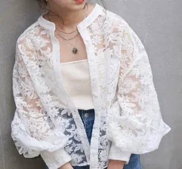 플라워 레이스 스탠드 카라 긴팔