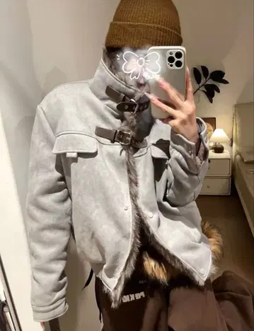 택 포함 미사용품 퍼 하이넥 숏 자켓