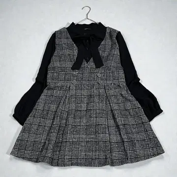 빅 사이즈 리본 타이 부착 셔츠 도킹 원피스 3L 블랙 x 체크