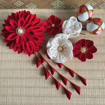 츠마미자이쿠 머리 장식 세트 성인식 후리소데 시치고산 결혼식 졸업식 레드