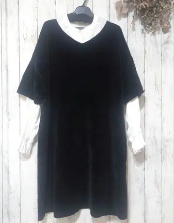 미즈이로 인드 하프 슬리브 와이드 튜닉 V 넥 니트 원피스