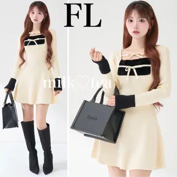 택 포함 새상품 다리치 리본 퍼 플레어 니트 미니 원피스 FL 아이보리