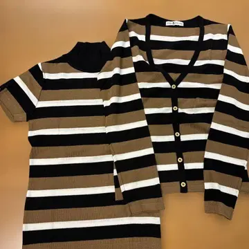 스트라이프 니트 가디건과 상의 세트