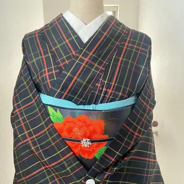 기모노 코몬 격자 주홍색 체크 블랙 KIMONO