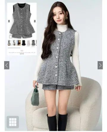 트위드 슬리브리스 상의 & 미니 스커트 셋업