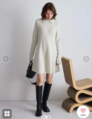 미라 오웬 카라 부착 페플럼 니트 미니 원피스