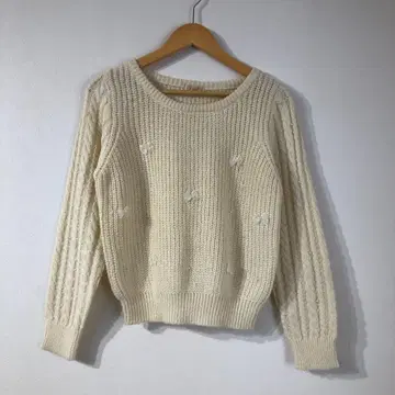 화이트 아이보리 리본 포함 뜨개질 니트 스웨터(L)