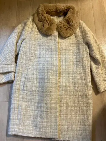 그레이스 콘티넨탈 아이보리 트위드 퍼 옷깃 롱 코트 36