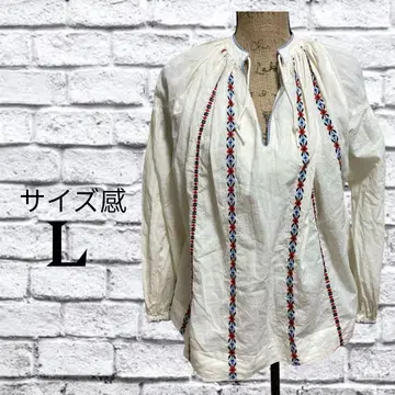 P73 블라우스 긴팔 오픈 카라 자수 풀오버 시어 비침 면 100%