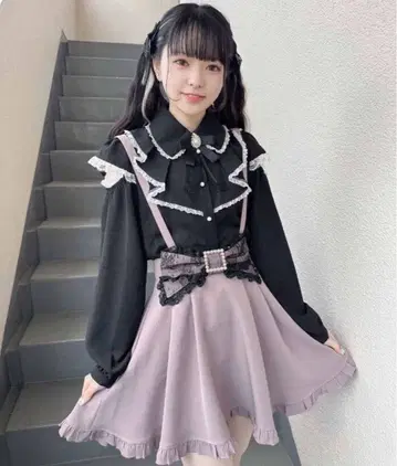 서스펜더 레이스 리본 플레어 스커트 ROJITA 핑크 양산형 지뢰계