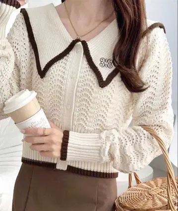 mily bilet 옷깃 자수 패턴 편직 빅 옷깃 니트 피케 셔츠