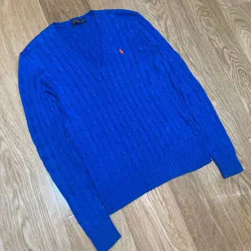 랄프 로렌 케이블 니트 V넥 로얄 블루 파랑 S